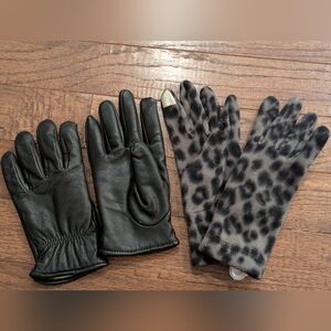 Black Leather Gloves With Wool Lining & Soft Gray Fleece Gloves Women's Sz S New